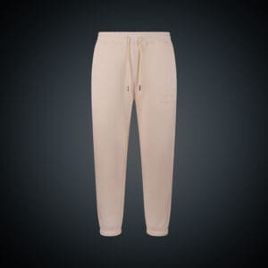 Beige jogger pants with cuffs and drawstring waist.