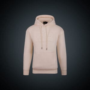 Beige hoodie with front pocket and drawstrings on a dark background.