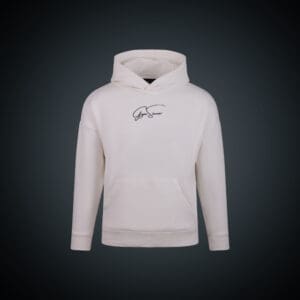 White hoodie with a minimalistic signature logo on the chest.