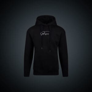 Black hoodie with a minimalist logo on the chest, displayed against a dark background.