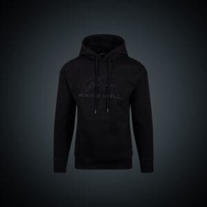 Black hooded sweatshirt with front pockets and drawstrings.